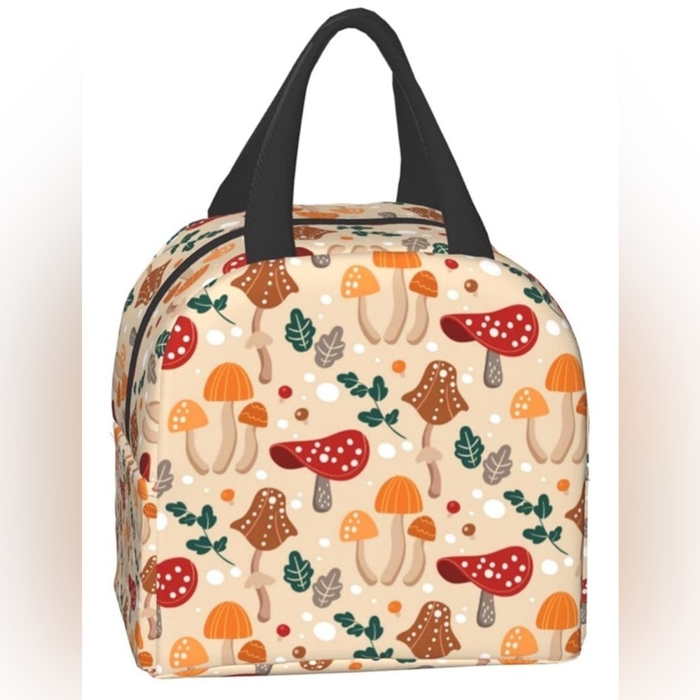 Insulated Lunch Picnic Bag Mushroom Print Red Beige Orange Lunchbox Cooler Tote - Picture 3 of 14